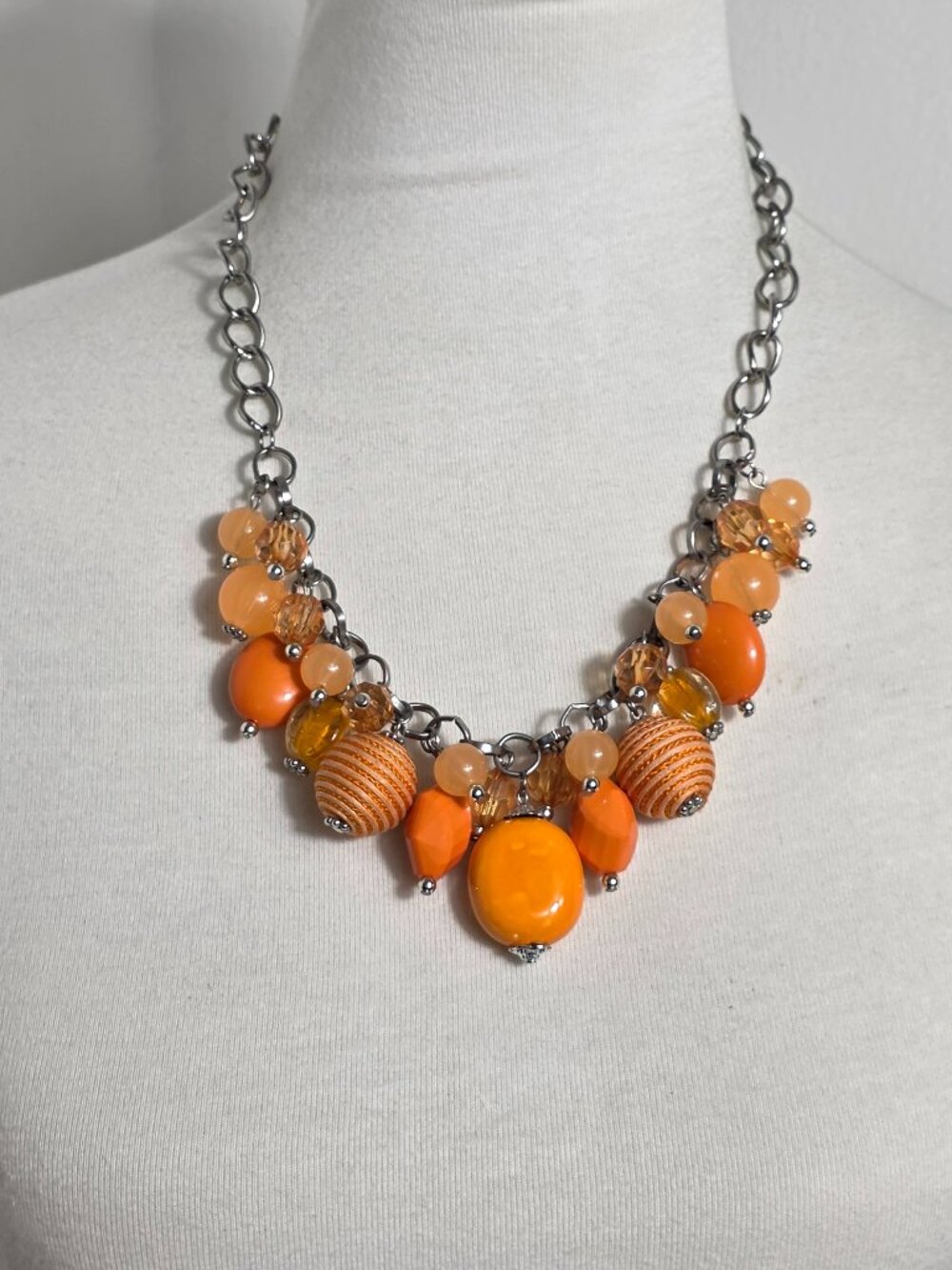 Chunky Bib Statement Necklace Clustered Fringe Orange Mixed Media Components